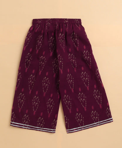 The Magic Wand Cambric Cotton Frill Sleeves Ikat Printed Top and Bottom Co-ord Set- Wine