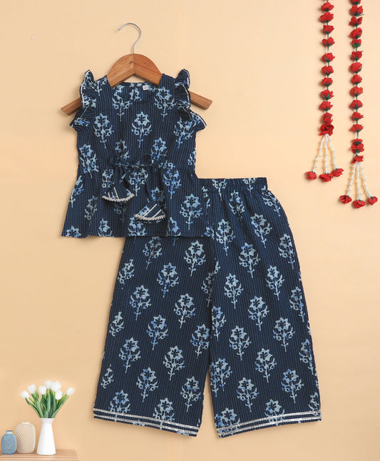 The Magic Wand Cambric Cotton Frill Sleeves Floral Printed Katha Work Top and Bottom Co-ord Set- Navy Blue