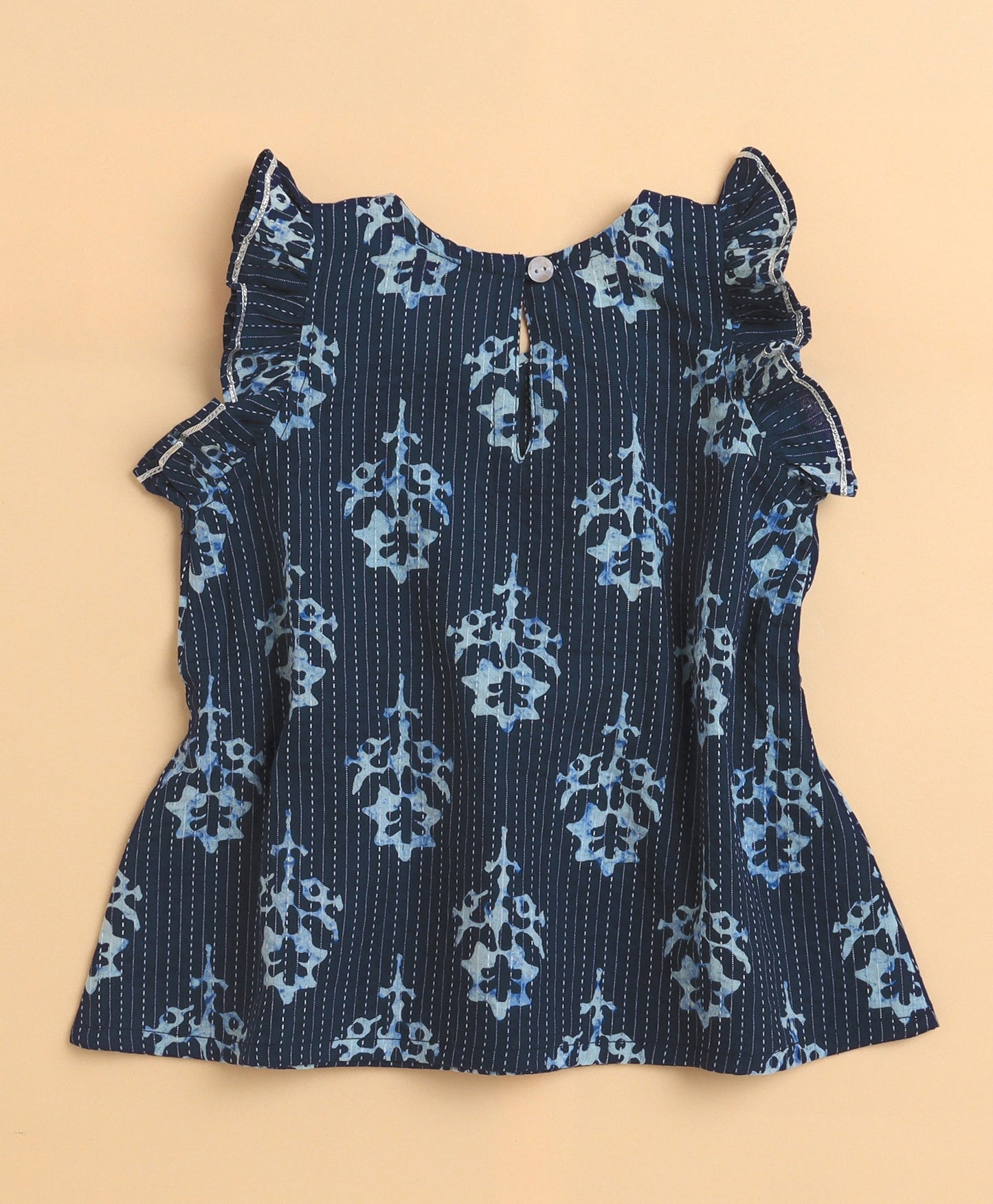 The Magic Wand Cambric Cotton Frill Sleeves Floral Printed Katha Work Top and Bottom Co-ord Set- Navy Blue