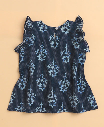 The Magic Wand Cambric Cotton Frill Sleeves Floral Printed Katha Work Top and Bottom Co-ord Set- Navy Blue