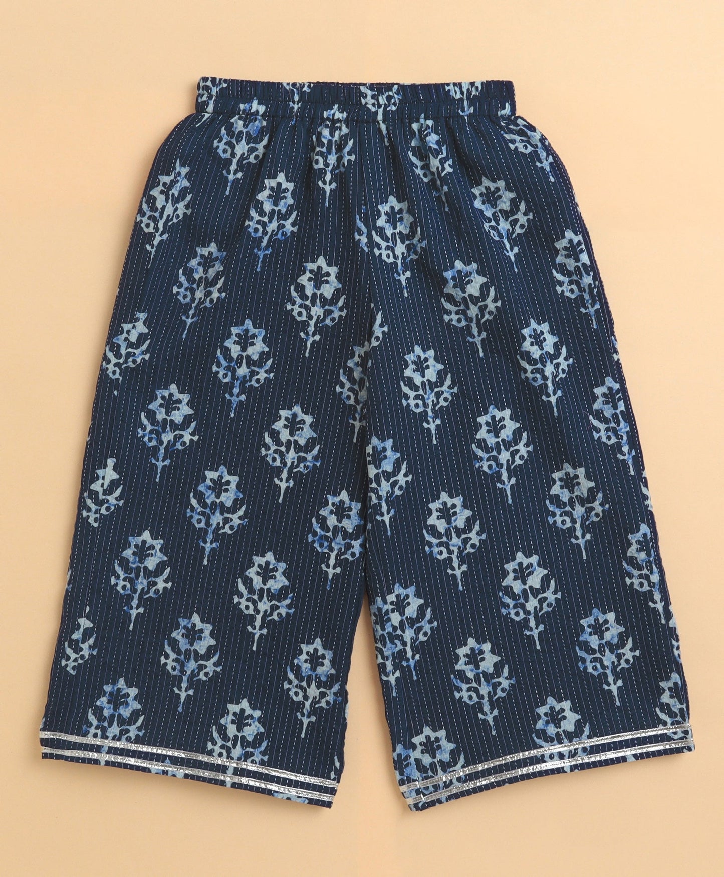 The Magic Wand Cambric Cotton Frill Sleeves Floral Printed Katha Work Top and Bottom Co-ord Set- Navy Blue