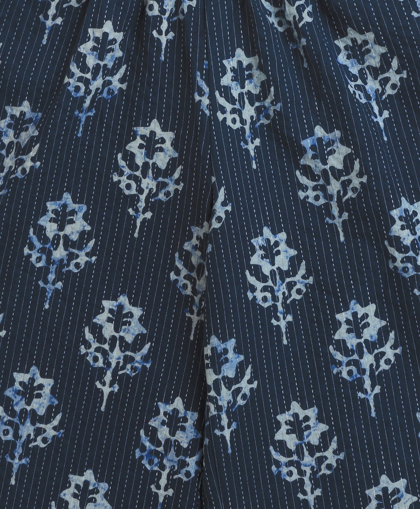 The Magic Wand Cambric Cotton Frill Sleeves Floral Printed Katha Work Top and Bottom Co-ord Set- Navy Blue