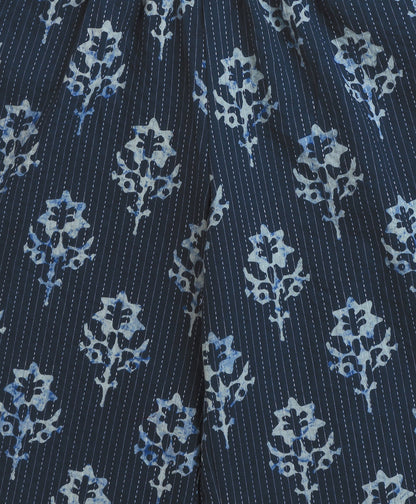 The Magic Wand Cambric Cotton Frill Sleeves Floral Printed Katha Work Top and Bottom Co-ord Set- Navy Blue