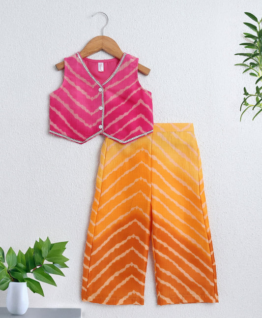 The Magic Wand Woven Sleeveless Leheriya Printed Gota Lace Embellished Top & Palazzo Set - Fuchsia