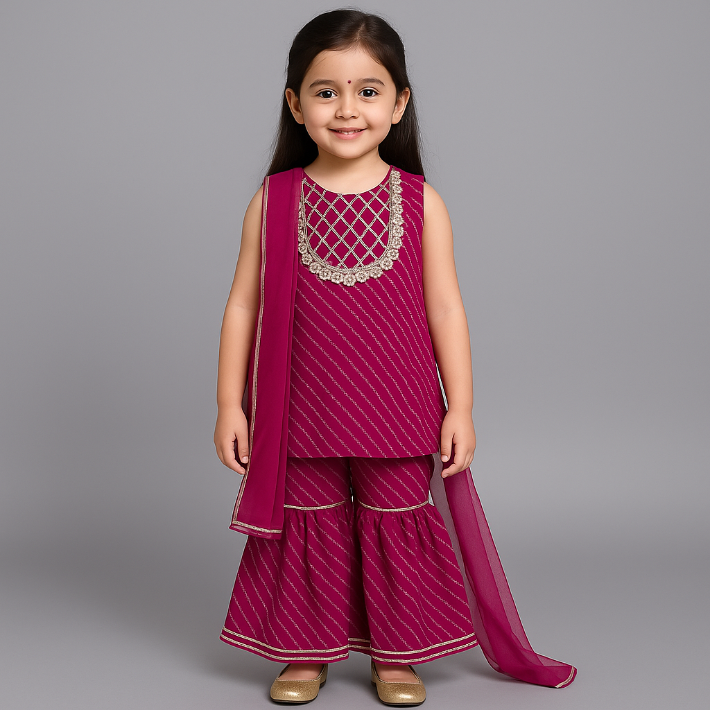 Sleeveless Leheriya Printed Gota Lace Embellished Kurta and Sharara Set with Dupatta- Fuchsia