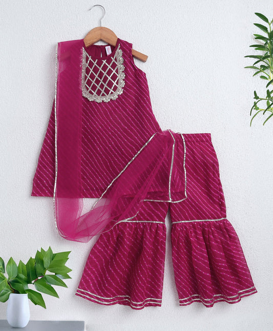 The Magic Wand Woven Sleeveless Leheriya Printed Gota Lace Embellished Kurta and Sharara Set- Fuchsia