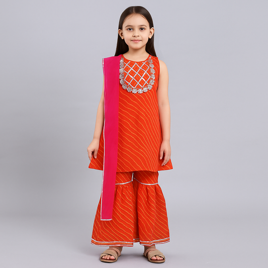 Sleeveless Leheriya Printed Gota Lace Embellished Kurta and Sharara Dupatta Set- Orange