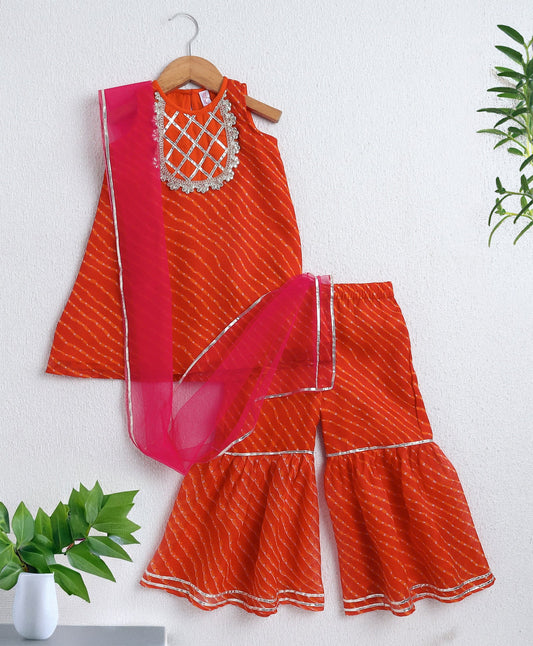 The Magic Wand Woven Sleeveless Leheriya Printed Gota Lace Embellished Kurta and Sharara Dupatta Set- Orange