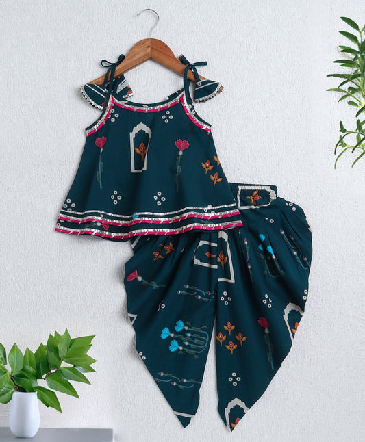The Magic Wand Cambric Cotton Shoulder Tie Ups Printed Tent Top and Dhoti Set- Navy Blue