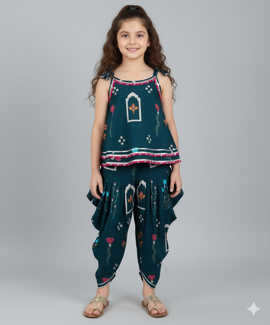 Cambric Cotton Shoulder Tie Ups Printed Tent Top and Dhoti Set- Navy Blue