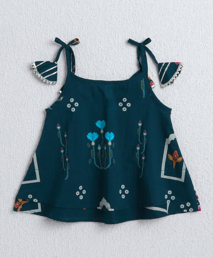 The Magic Wand Cambric Cotton Shoulder Tie Ups Printed Tent Top and Dhoti Set- Navy Blue