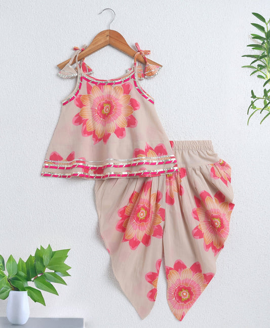The Magic Wand Cambric Cotton Shoulder Tie Ups Floral Printed Tent Top and Dhoti Set-Beige