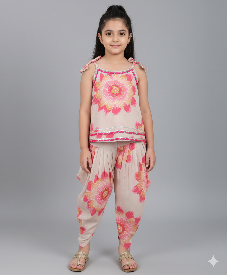 Cotton Shoulder Tie Ups Floral Printed Tent Top and Dhoti Set-Beige