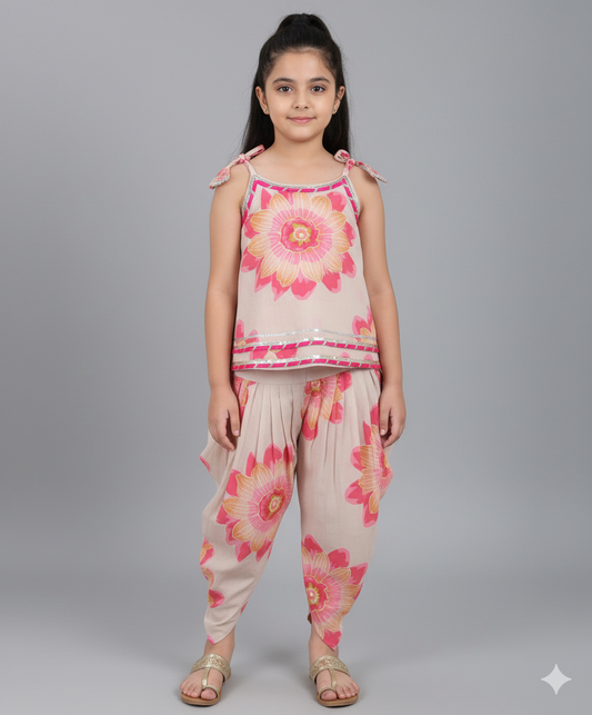 Cotton Shoulder Tie Ups Floral Printed Tent Top and Dhoti Set-Beige
