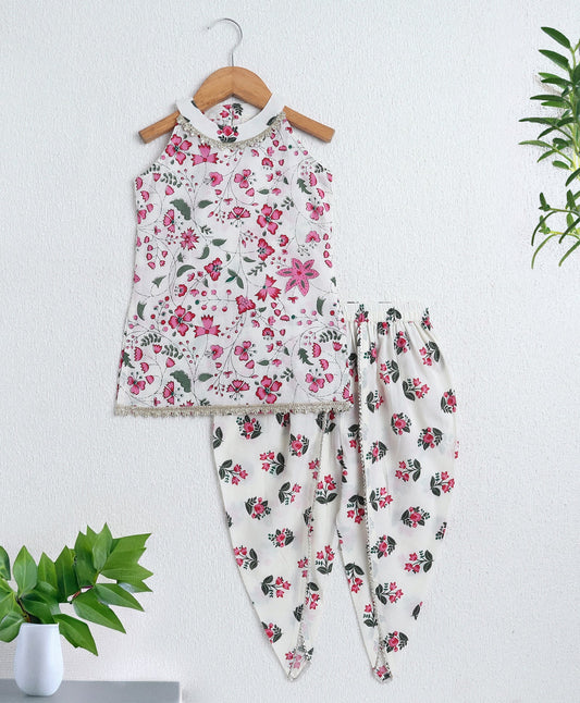 The Magic Wand Cambric Cotton Incut Floral Printed Gota Lace Top and Dhoti Set- White