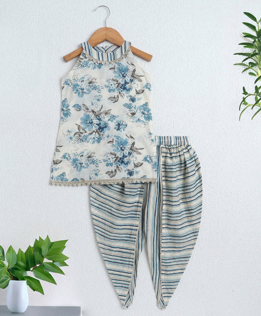 The Magic Wand Cambric Cotton Incut Floral Printed Gota Lace Top and Dhoti Set-Off White