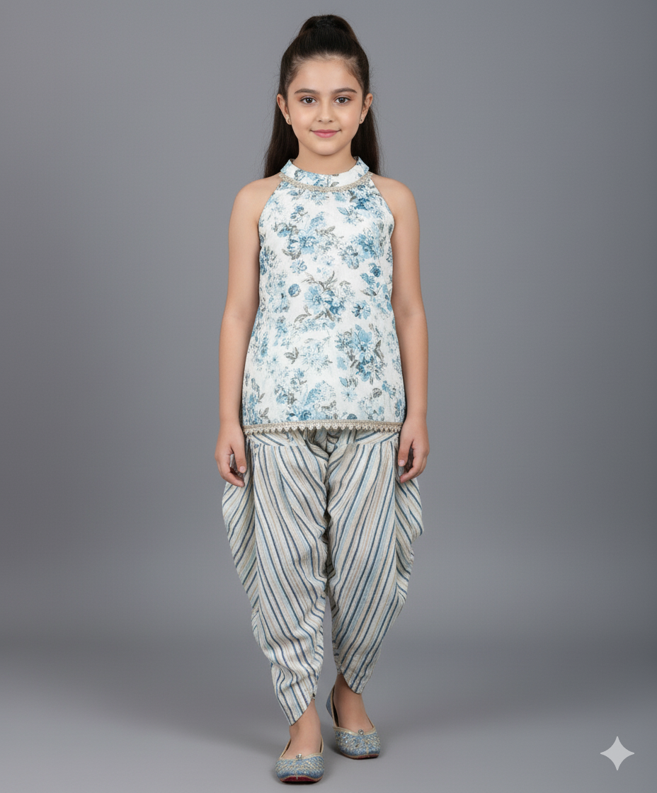 Cotton Incut Floral Printed Gota Lace Top and Dhoti Set-Off White