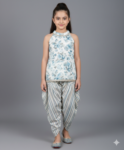 Cotton Incut Floral Printed Gota Lace Top and Dhoti Set-Off White