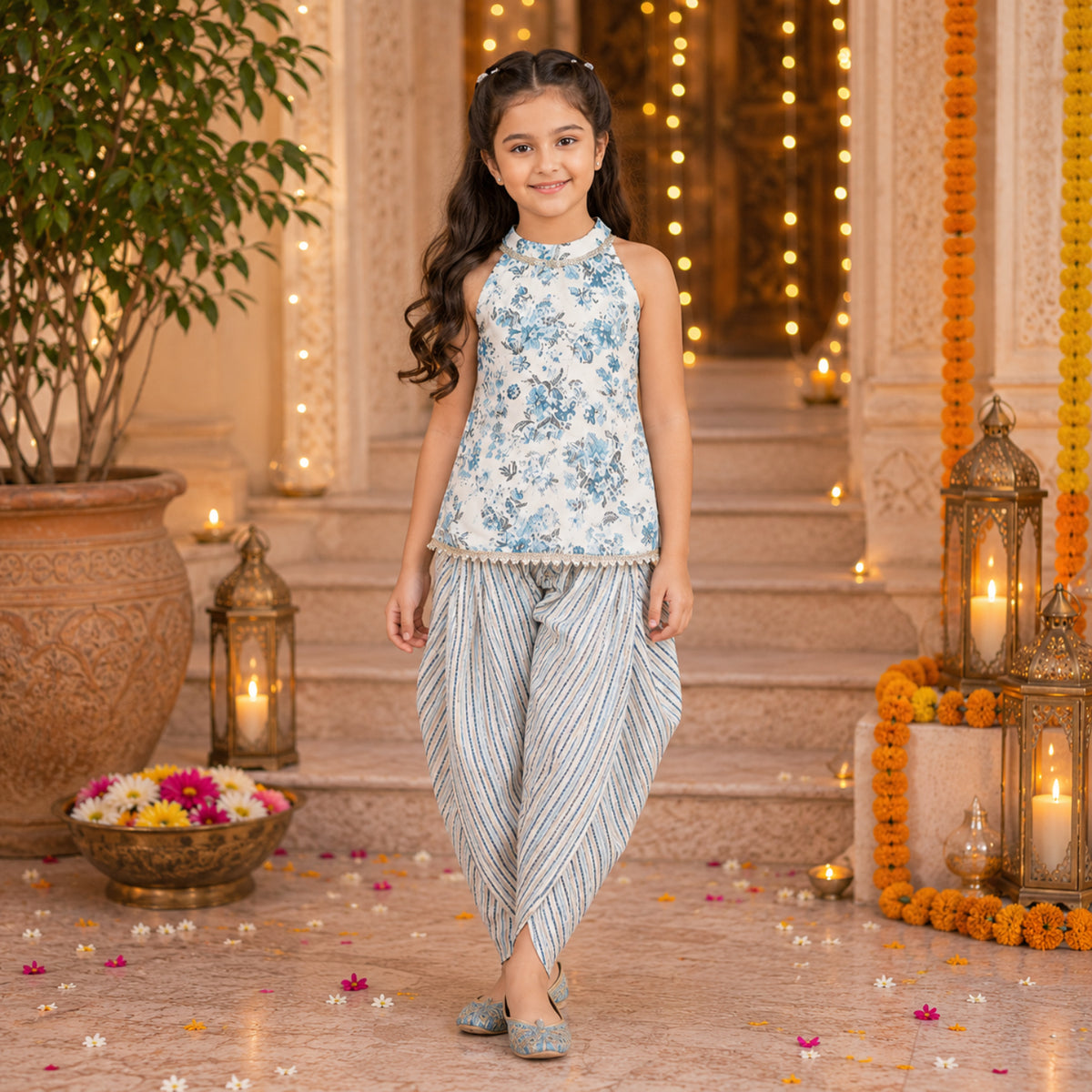 Cotton Incut Floral Printed Gota Lace Top and Dhoti Set-Off White