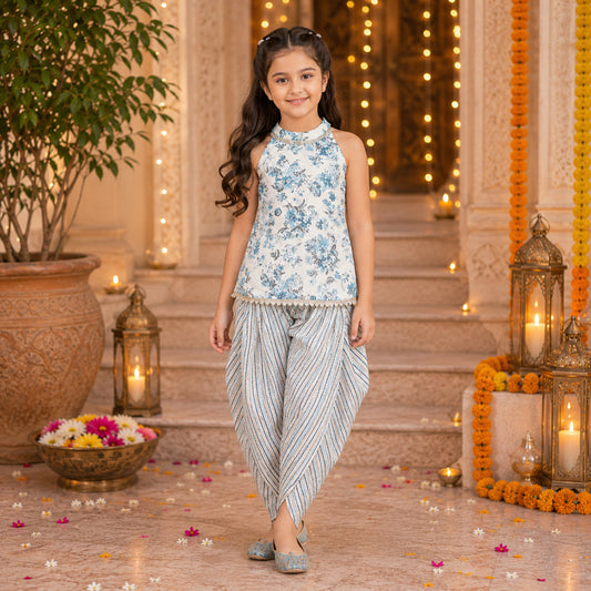 Cotton Incut Floral Printed Gota Lace Top and Dhoti Set-Off White