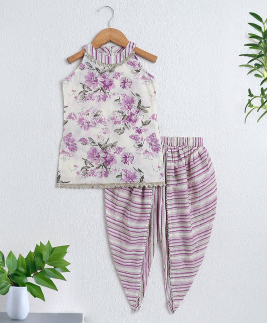 The Magic Wand Cambric Cotton Incut Neck Floral Printed Gota Lace Top and Dhoti Set-Off White
