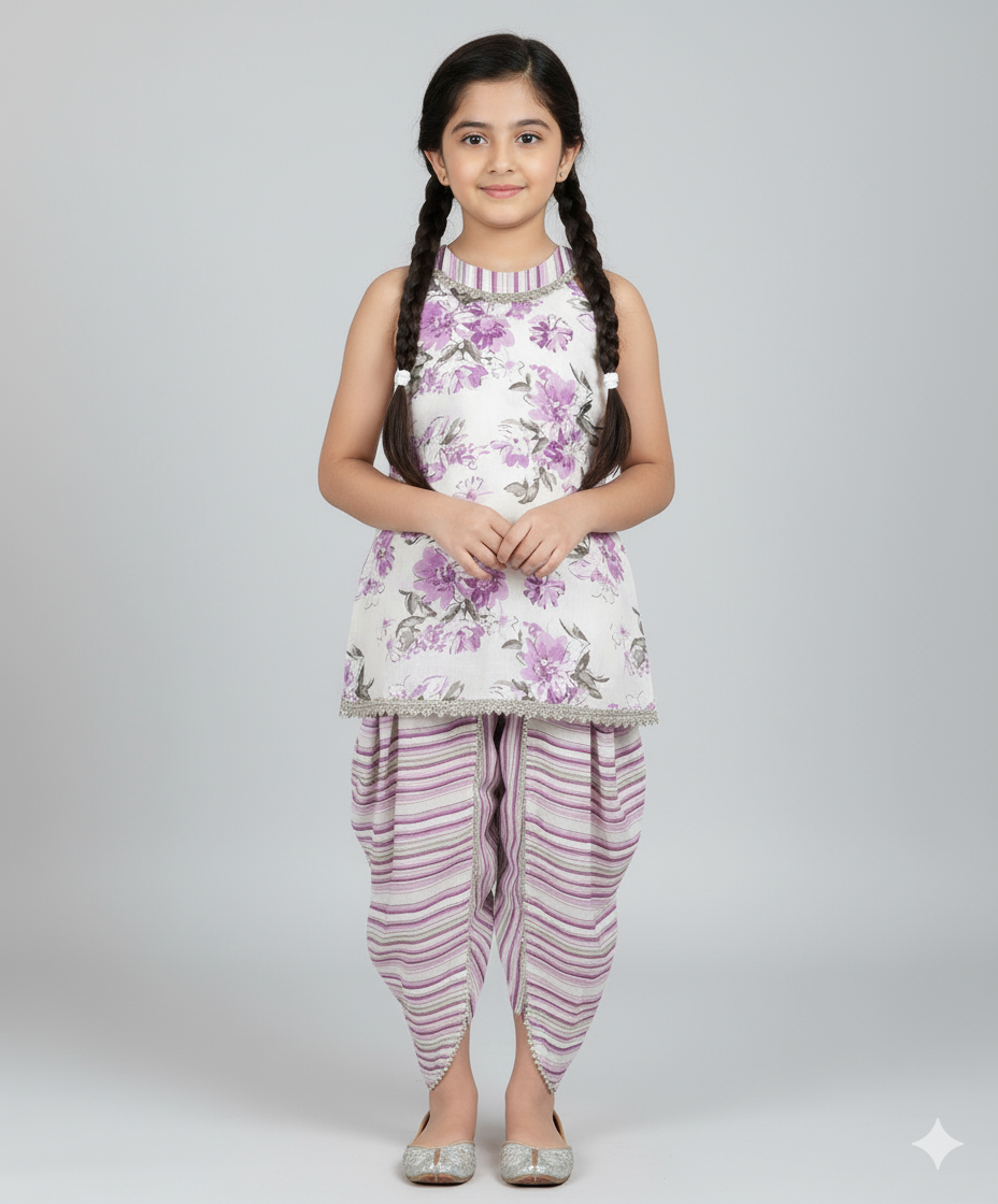 Cotton Incut Neck Floral Printed Gota Lace Top and Dhoti Set-Off White