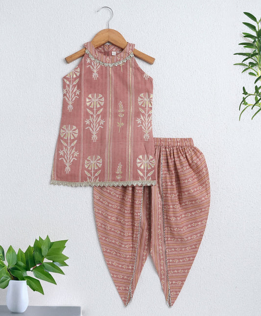 The Magic Wand Cambric Cotton Incut Neck Floral Printed Foil Gota Lace Top and Dhoti Set-Pink