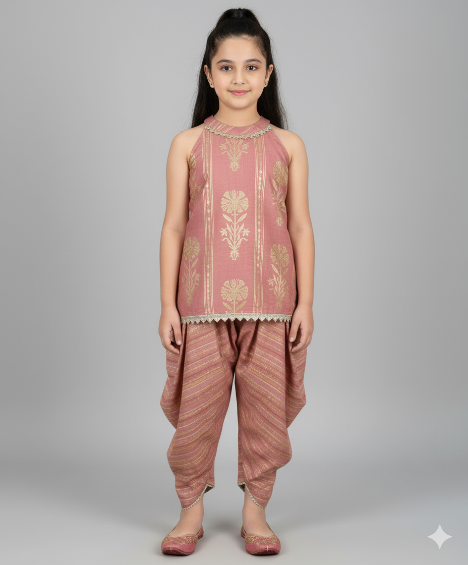 Cotton Incut Neck Floral Printed Foil Gota Lace Top and Dhoti Set-Pink