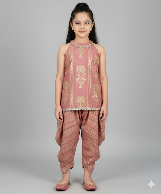 Cotton Incut Neck Floral Printed Foil Gota Lace Top and Dhoti Set-Pink