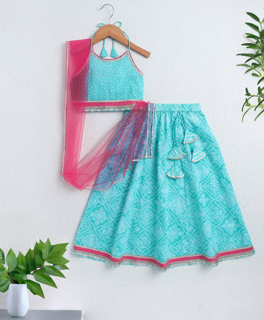 The Magic Wand Cambric Cotton Halter Neck AII Over Printed Choli and Lehenga with Dupatta Set- Blue