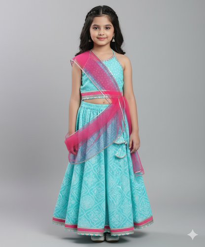 Cotton Halter Neck AII Over Printed Choli and Lehenga with Dupatta Set- Blue