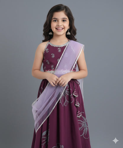 Cotton Halter Neck AII Over Printed Choli and Lehenga with Dupatta Set- Wine