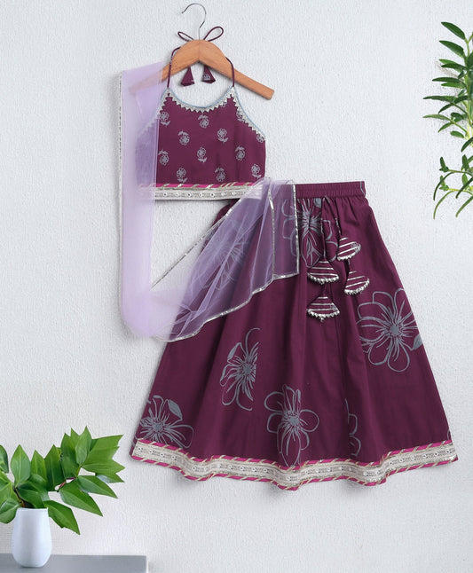 The Magic Wand Cambric Cotton Halter Neck AII Over Printed Choli and Lehenga with Dupatta Set- Wine