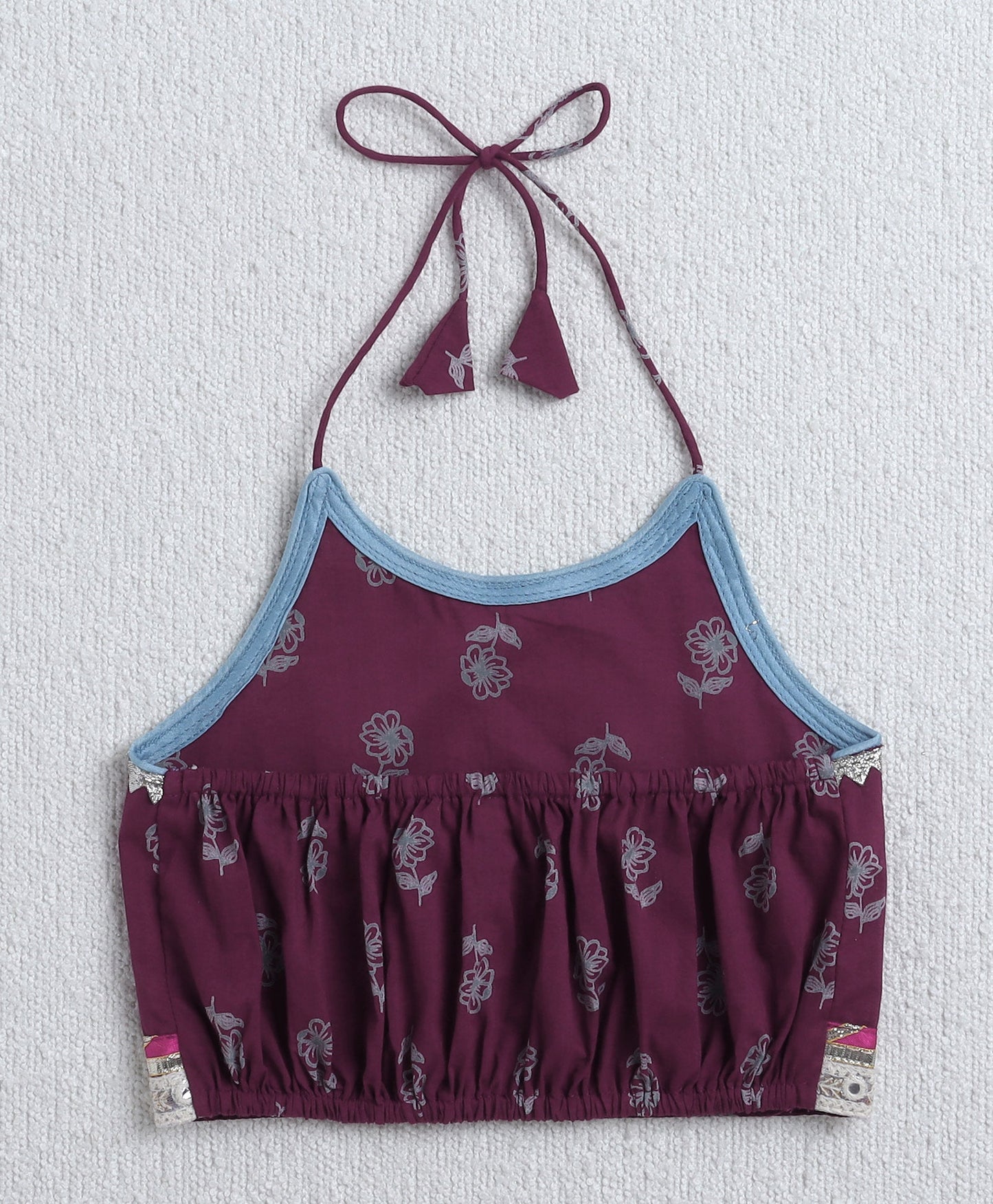 The Magic Wand Cambric Cotton Halter Neck AII Over Printed Choli and Lehenga with Dupatta Set- Wine