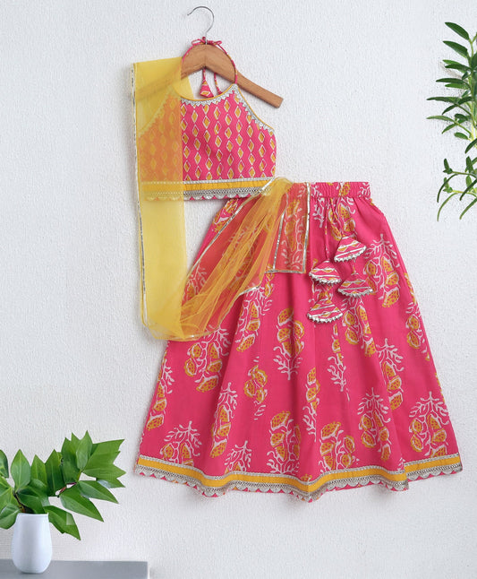 The Magic Wand Cambric Cotton Halter Neck AII Over Printed Choli and Lehenga with Dupatta Set- Pink