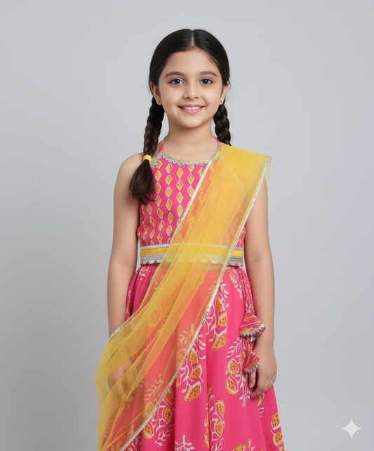Cotton Halter Neck AII Over Printed Choli and Lehenga with Dupatta Set- Pink