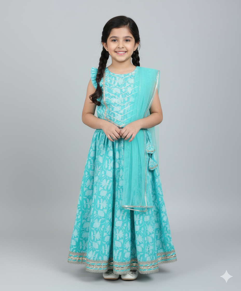 The Magic Wand Cambric Cotton Frill Sleeves AII Over Printed Lace Detailing Choli and Lehenga With Dupatta Set-  Blue