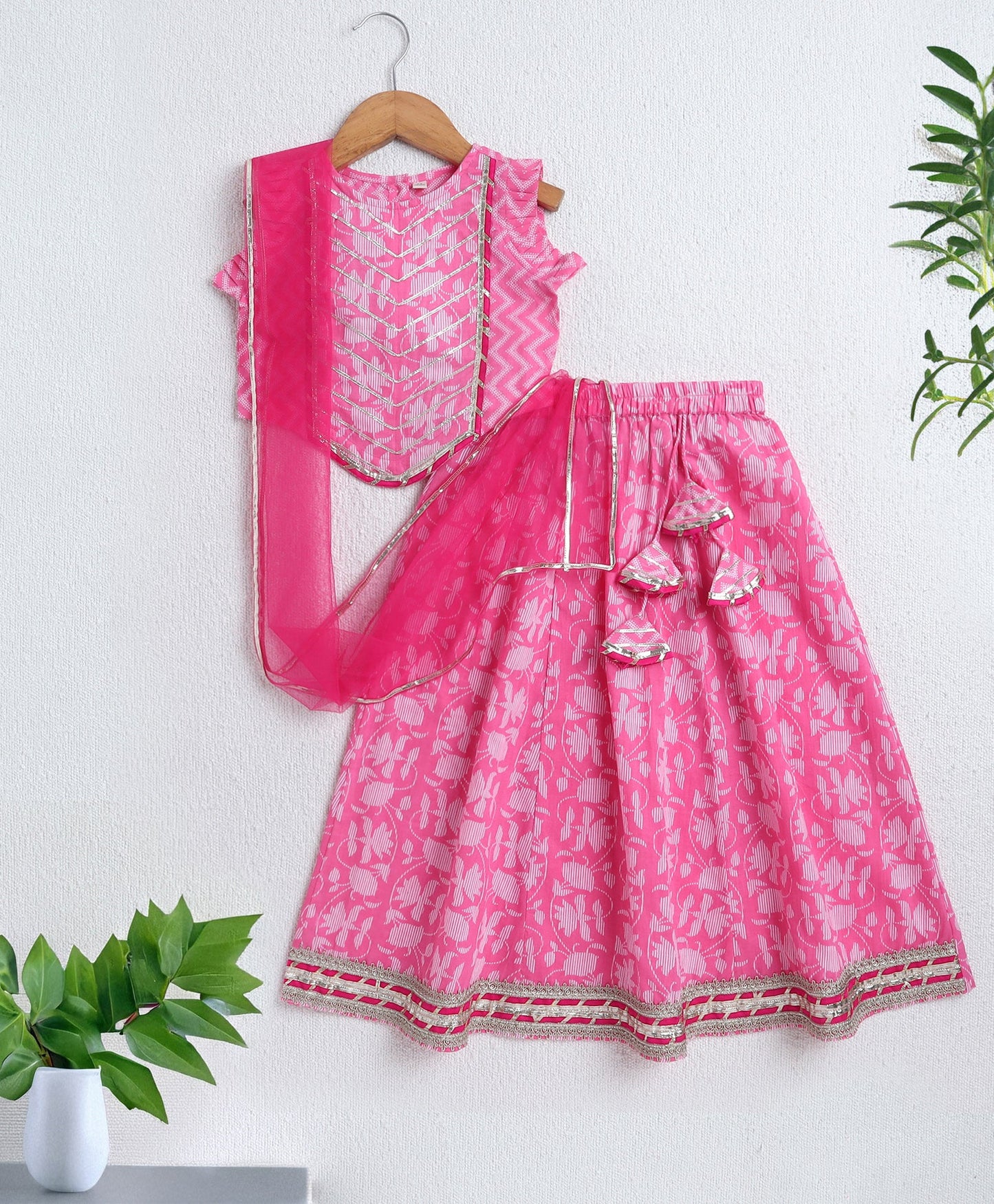 The Magic Wand Cambric Cotton Frill Sleeves AII Over Printed Lace Detailing Choli and Lehenga With Dupatta Set- Pink
