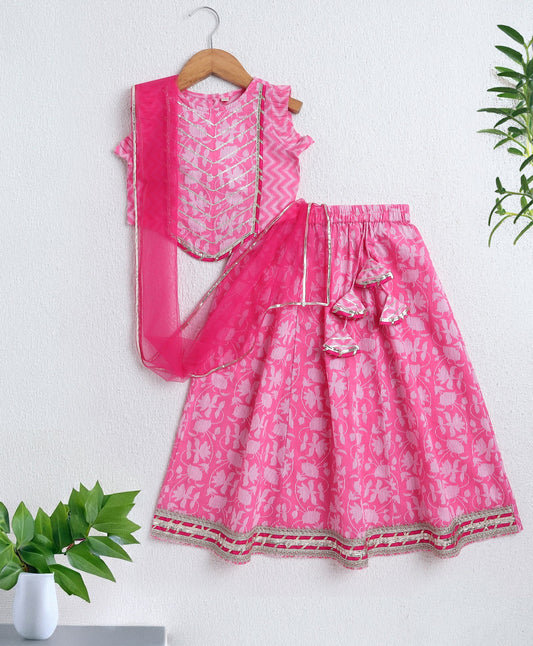 The Magic Wand Cambric Cotton Frill Sleeves AII Over Printed Lace Detailing Choli and Lehenga With Dupatta Set- Pink