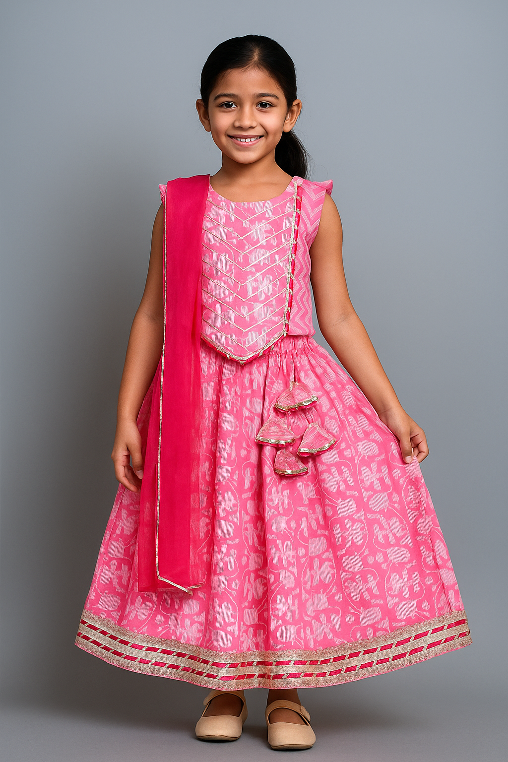 Cotton Frill Sleeves AII Over Printed Lace Detailing Choli and Lehenga With Dupatta Set- Pink