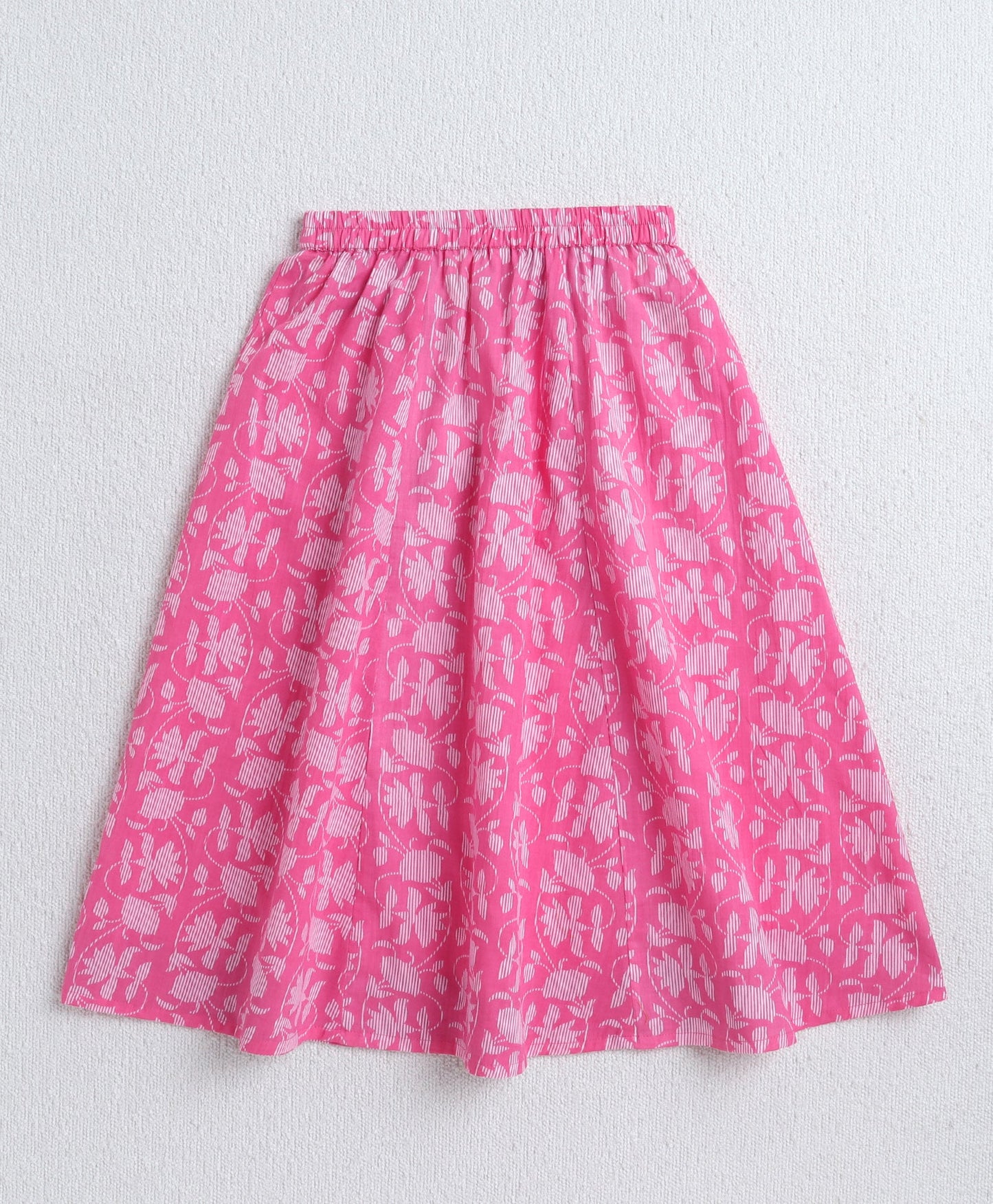 The Magic Wand Cambric Cotton Frill Sleeves AII Over Printed Lace Detailing Choli and Lehenga With Dupatta Set- Pink