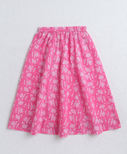 The Magic Wand Cambric Cotton Frill Sleeves AII Over Printed Lace Detailing Choli and Lehenga With Dupatta Set- Pink