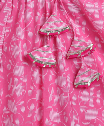 The Magic Wand Cambric Cotton Frill Sleeves AII Over Printed Lace Detailing Choli and Lehenga With Dupatta Set- Pink