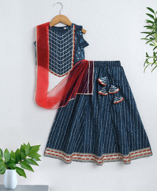 The Magic Wand Cambric Cotton Frill Sleeves AII Over Printed Lace Detailing Choli and Lehenga With Dupatta Set- Navy Blue