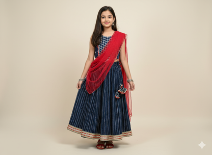 Cotton Frill Sleeves AII Over Printed Lace Detailing Choli and Lehenga With Dupatta Set- Navy Blue