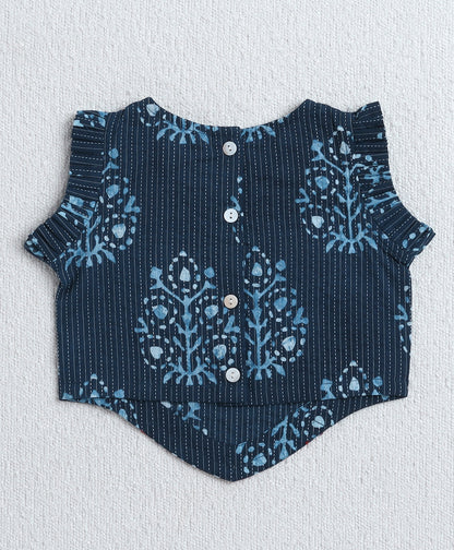 The Magic Wand Cambric Cotton Frill Sleeves AII Over Printed Lace Detailing Choli and Lehenga With Dupatta Set- Navy Blue