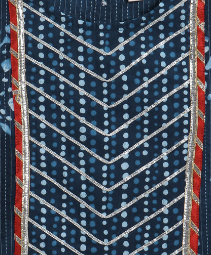 The Magic Wand Cambric Cotton Frill Sleeves AII Over Printed Lace Detailing Choli and Lehenga With Dupatta Set- Navy Blue