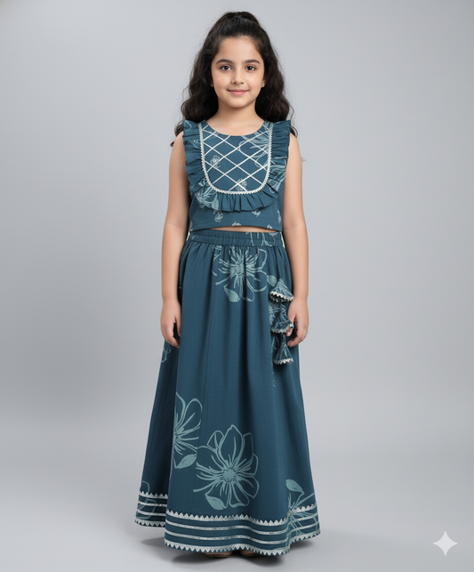 Cotton Sleeveless Floral Printed Lace Detailing Frill Choli and Lehenga Set- Blue