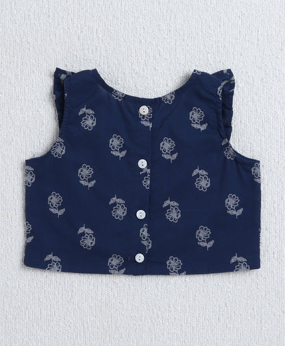The Magic Wand Cambric Cotton Sleeveless Floral Printed Lace Detailing Frill Choli and Lehenga Set- Blue