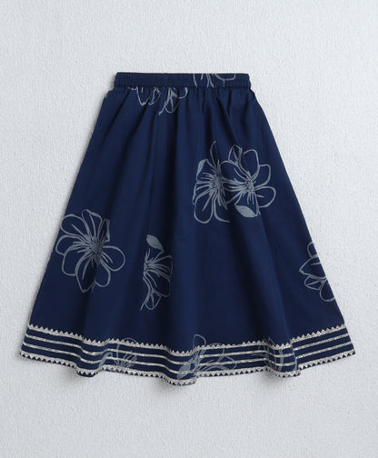 The Magic Wand Cambric Cotton Sleeveless Floral Printed Lace Detailing Frill Choli and Lehenga Set- Blue